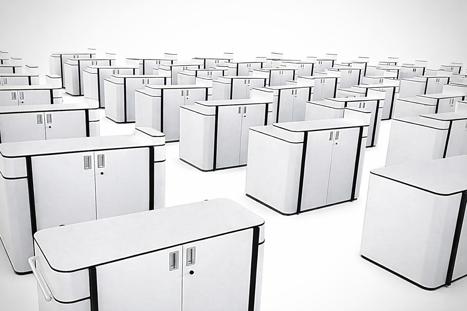 A grouping of white coloured mobile assistance desks.